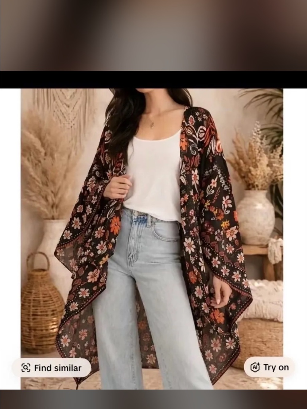 easel Black Floral Kimono Cardigan with Rust & Pink Accents
